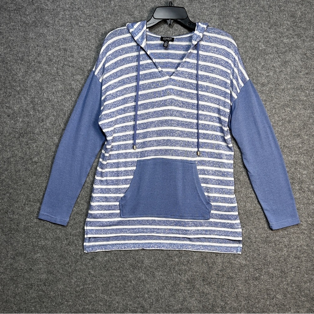 Jones NY Size M Blue White Striped Hooded Top Lightweight Casual Nautical Beachy